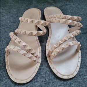 Olivia Miller Nude Studded Multi-Strap Slide Sandals